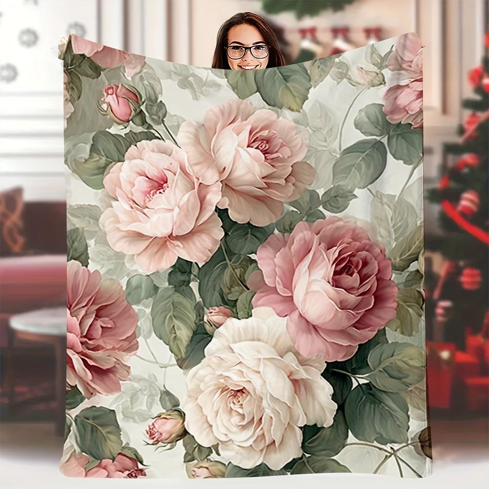 Pink Rose Floral Print Throw Blanket