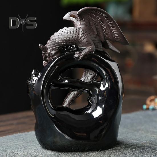 Queimador de incenso de dragão de cerâmica com asas de dragão, suporte de incenso de refluxo, queimador de incenso em cascata para sala de meditação, quarto