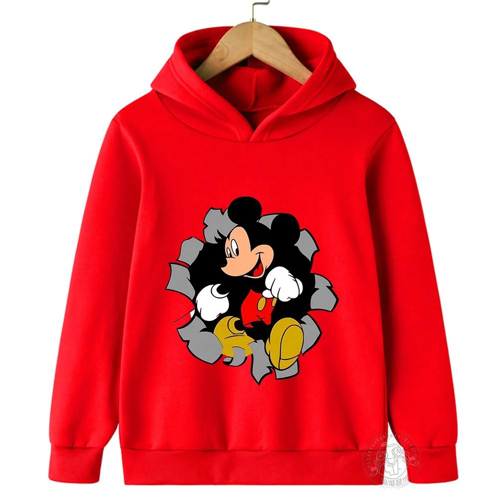 Boys Girls Cartoon Cute Disney Mickey Printed Warm Long Sleeve Top Fall and Winter Casual Fashion Children Hooded Sweatshirt