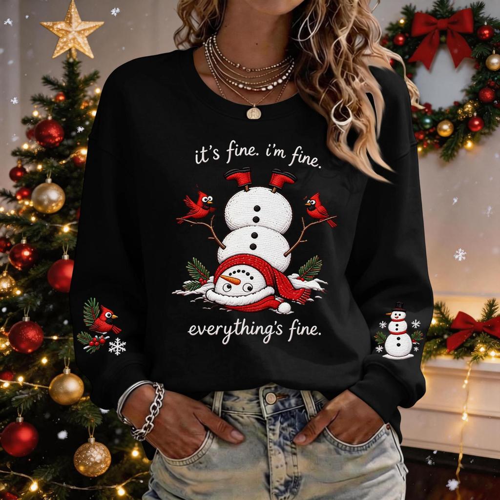 Women's Casual Christmas Print Long Sleeve Neck Pullover Top for Holiday Parties