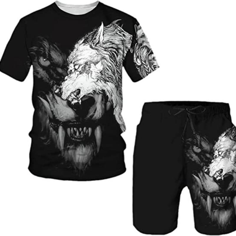 Plus rozmiar 3D nadruk lwa męska fajna koszulka z krótkim rękawem zestaw do fitnessu sportowego letni styl uliczny ponadgabarytowych graficznych 2 szt. Odzież męska