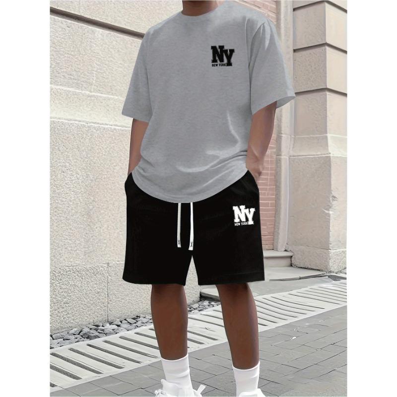 Men's Summer 2-piece Set, Short Sleeved Round Neck T-shirt and Elastic Waist Shorts