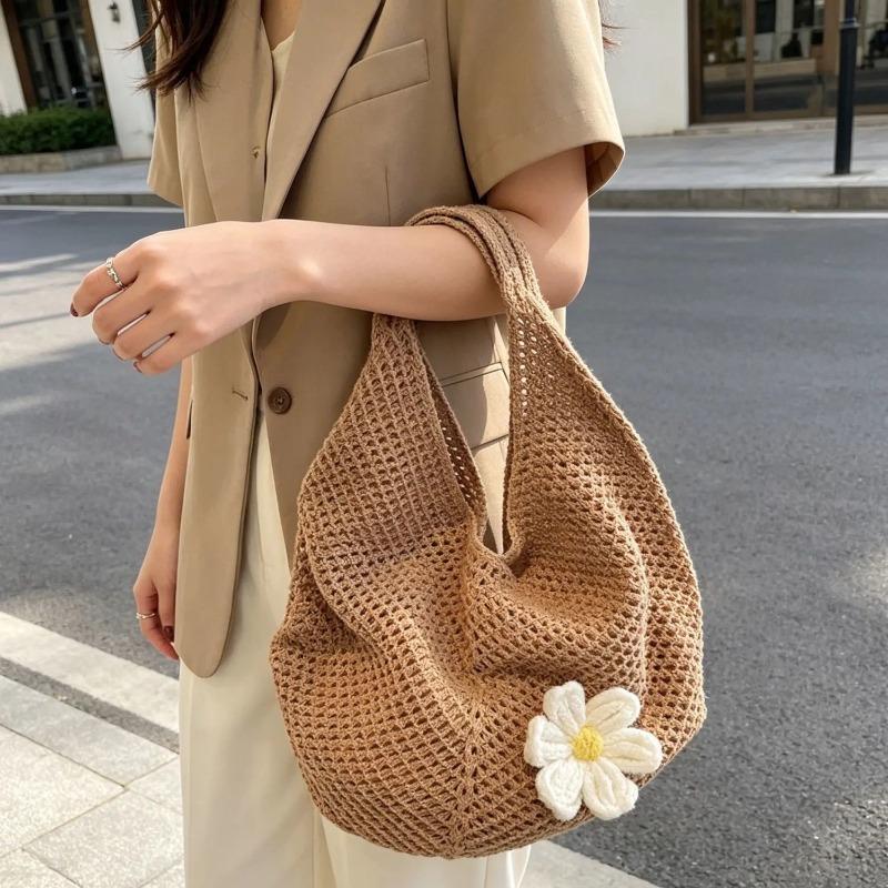 Lazy wind woven tote bag women's spring summer hollow simple knitted bag large capacity seaside vacation shoulder bag