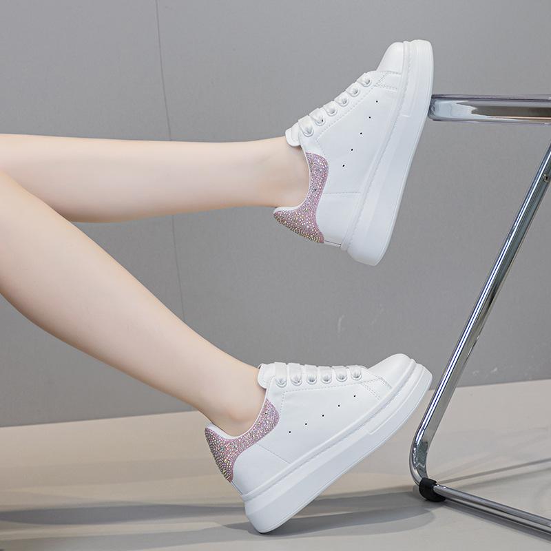 Leather Thick-soled Inner Height-increasing Women's Shoes Spring Versatile Sports and Leisure Single Shoes Round Head Student Rhinestones