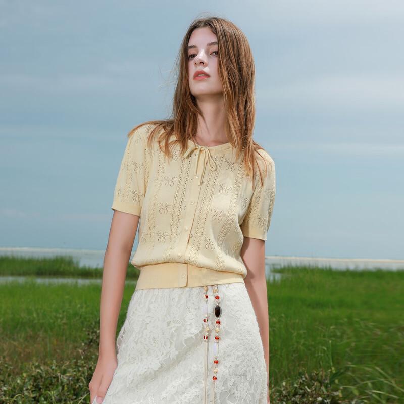 

Sancai Women s 2025 Autumn Short Sleeve Tie-Waist Knit Top S