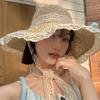 Women's Summer Travel Straw Hat Breathable Lace Trim Hollow Out Sun Protection Sun Hat Wide Brim Seaside Sunshade Hat