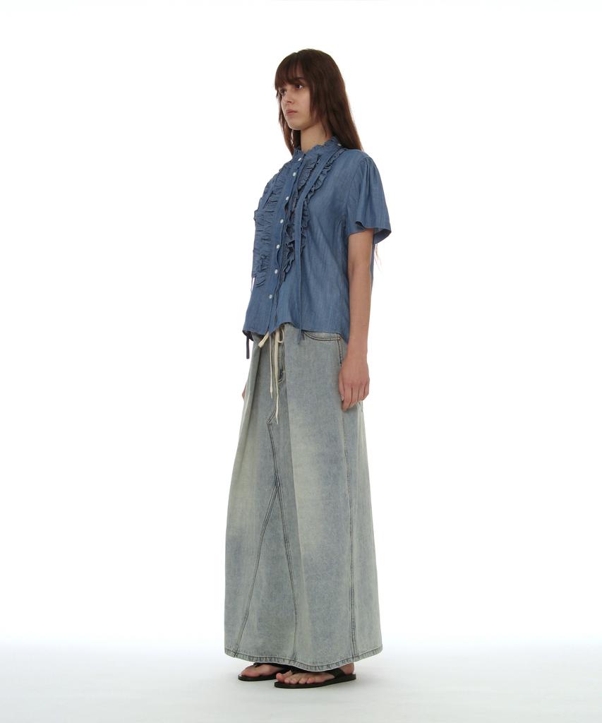 PARTIMENTO WOMEN Scarf Ruffle Pintuck Blouse_Denim