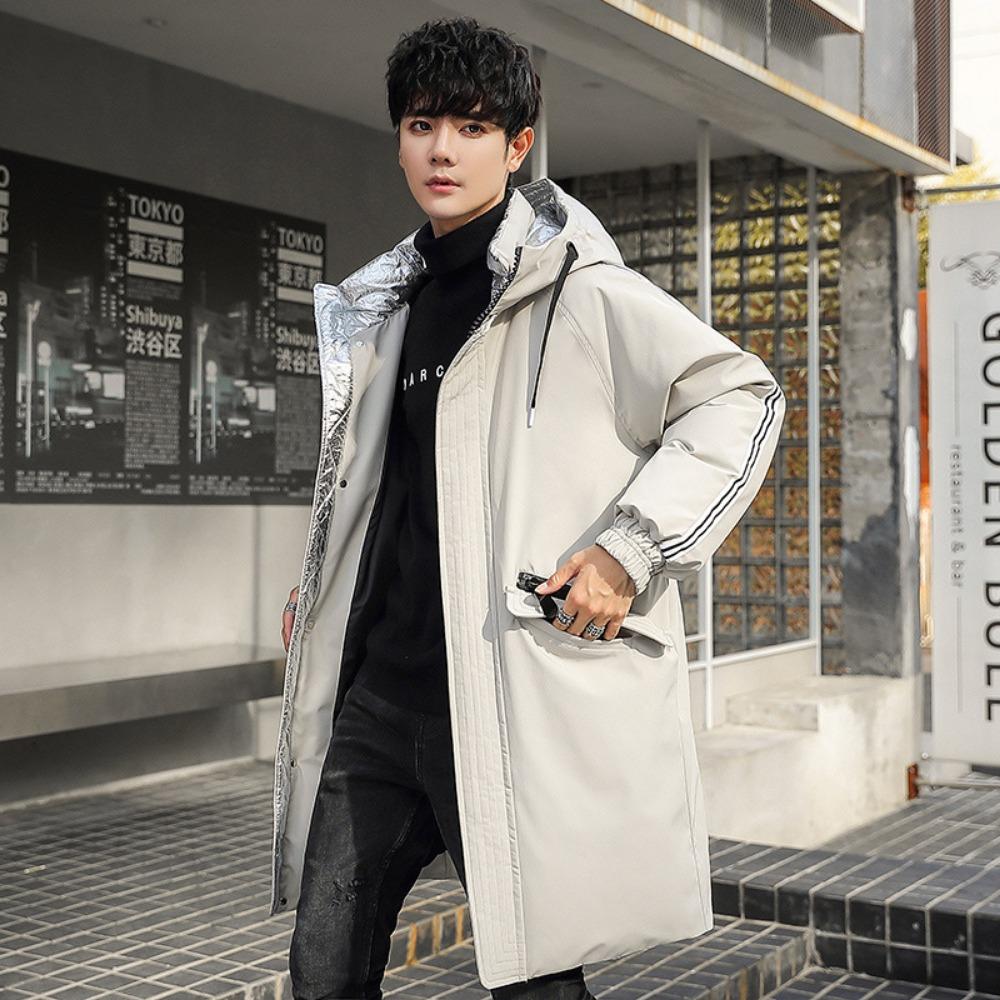 New Down Jacket Men's Medium and Long Trendy Handsome Hooded Jacket Winter Thickened White Duck Down Coat Men's Clothing