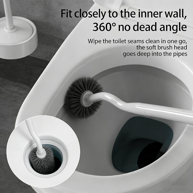 Toilet Brush with Holder No Drill Long Handle 360° Deep Cleaning Soft Bristles Quick Drying Anti-Drip BathroomWC Cleaning Brush