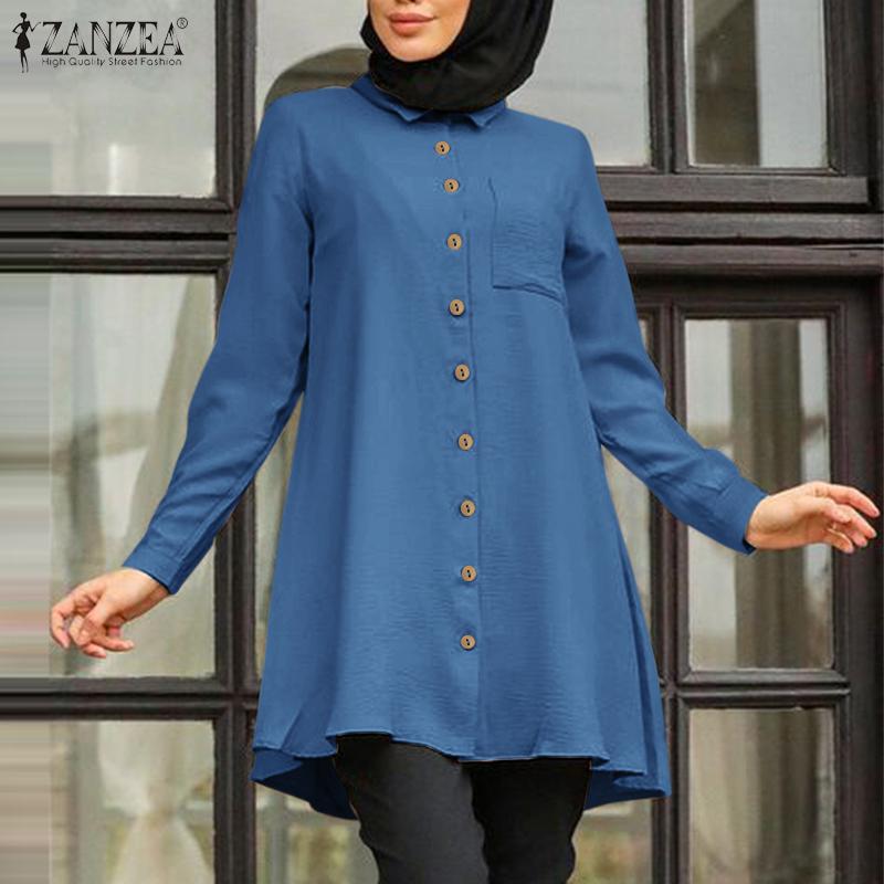 

ZANZEA Женская повседневная свободная блузка в стиле ретро с длинным рукавом и отложным воротником