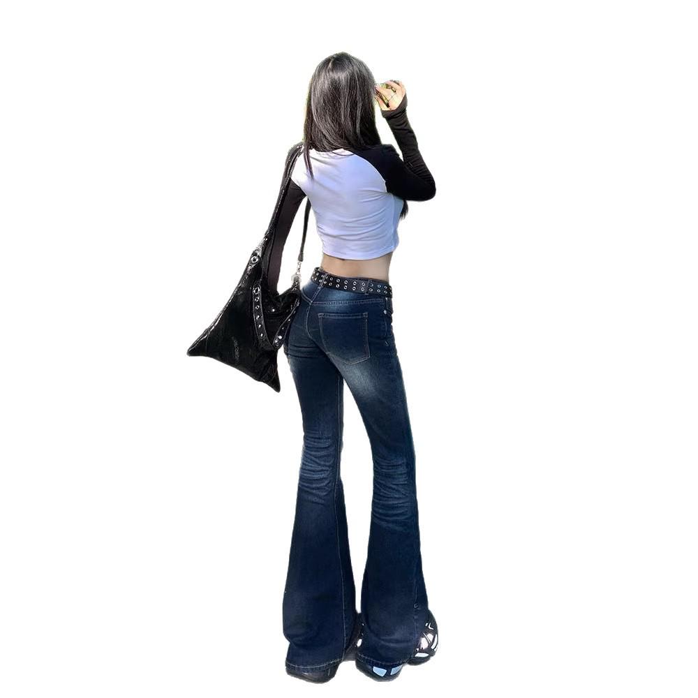Women's Retro Low-Waist Micro-Flare Distressed Jeans - Slim Fit, Stretch, Floor-Length