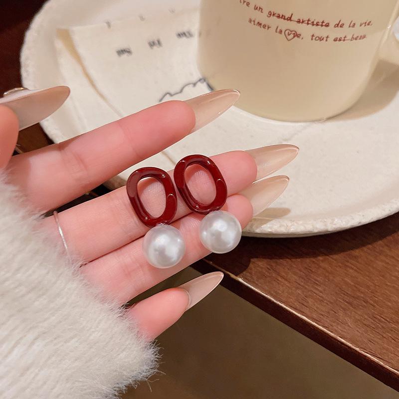 Ankola Red Geometric Earrings & Pearl Earrings for Women - Autumn/Winter Style with Sweet & Trendy Vibes