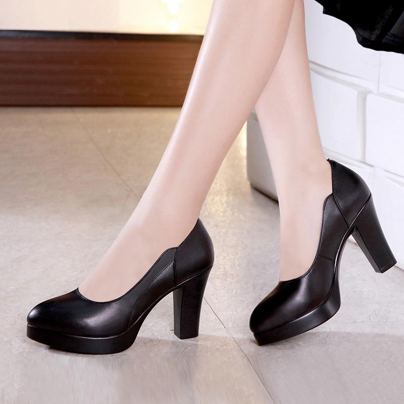 8.5cm Small Size 32-43 Shallow Black Block High Heels Shoes Women Pumps 2026 Fall Soft Leather Shoes for Office Model Court