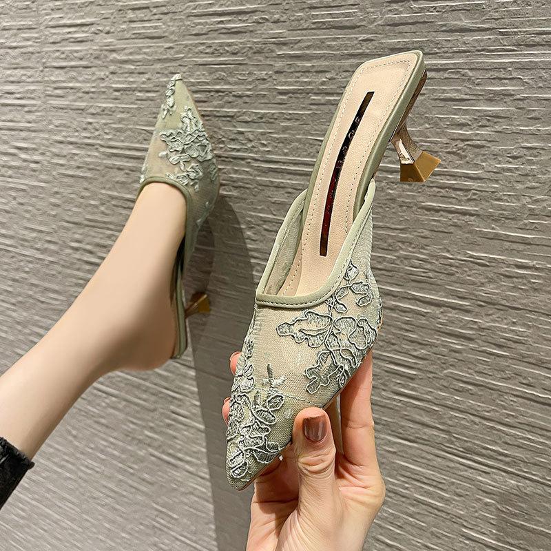 Korean Version of Casual Embroidery Half-drag High Heels Women's Spring and Summer New Pointed Thin Heels Empty Sandals