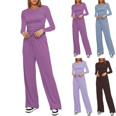 Women's Fall Two Piece Outfits Long Sleeve Tops Tee Shirts Wide Leg Pants Sets