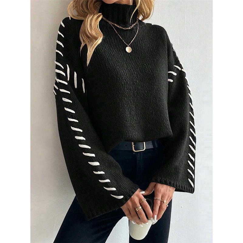 Women Fall Winter Pullovers Fashion Knit Sweater Long Sleeve Knitwear Female High Neck Contrast Stitching Tops Knitwear Clothes