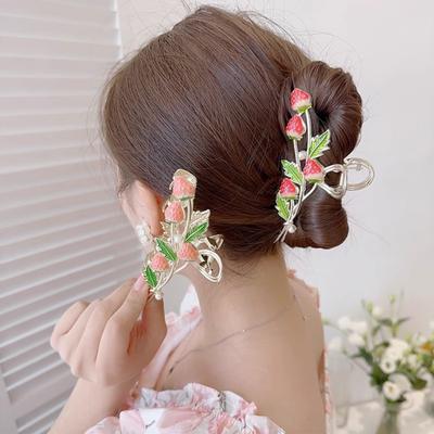New Women Metal Strawberry Hair Claw Elegant Gold Flowers Hair Clips Barrette Ponytail Crab Clips Headwear Hair Accessories Gift