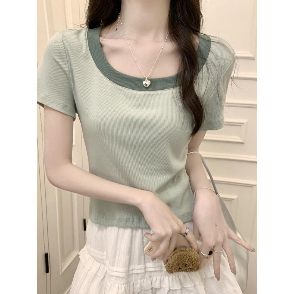Contrast Color U-neck Front Shoulder Short-sleeved T-shirt for Women Summer New Pure Cotton T-shirt Slim Small Short Top