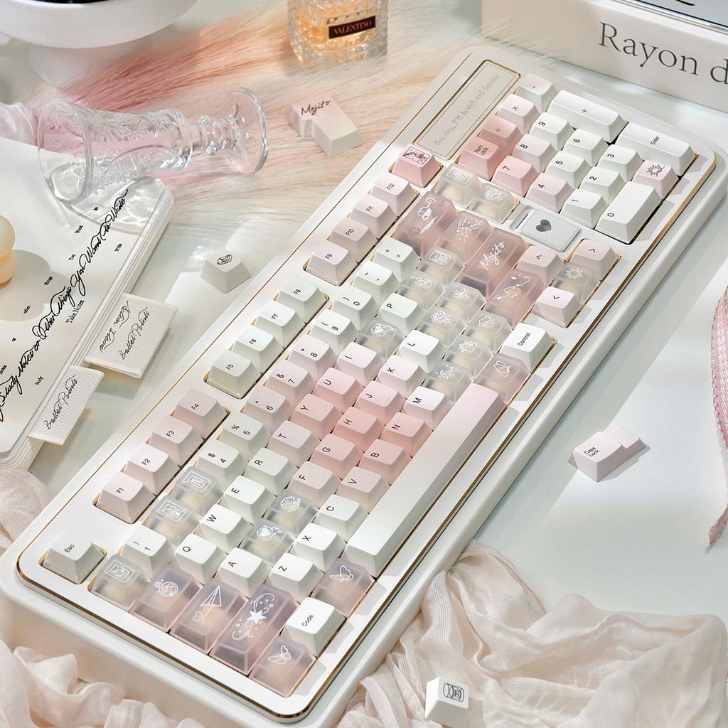 Keyboard Keycap White Peach Mojito Pbt Pc Dye-Sublimated 1.7Mm Cherry Mx Custom Pink White Cute Alice Layout Keycaps 190 Keys.