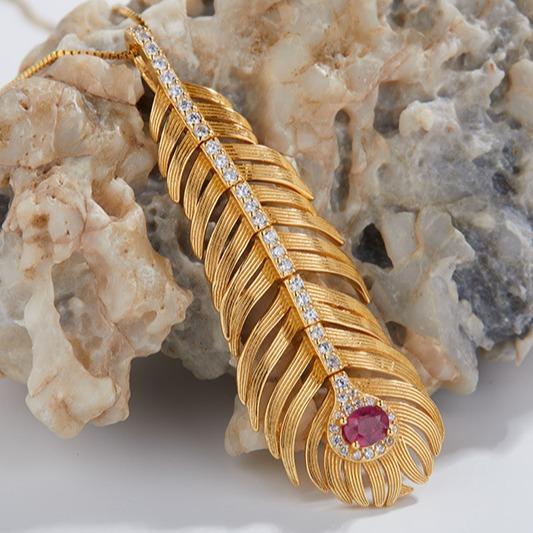 Pendant S925 Sterling Silver Light Luxury Natural Ruby Feather Necklace Women'S Niche Gold Collarbone Chain
