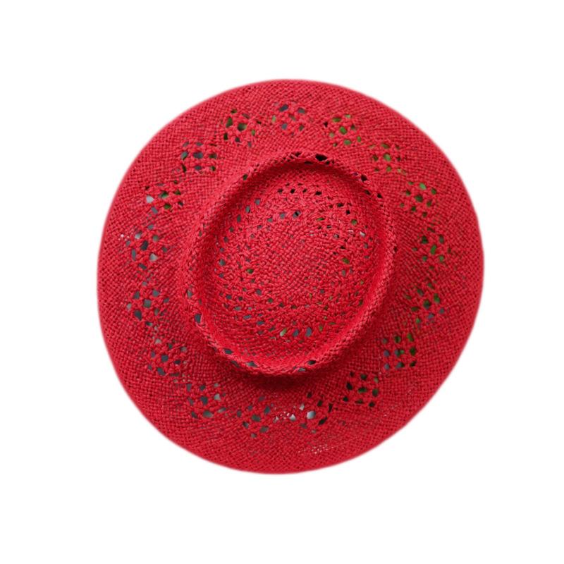 French Retro Red Hollow Woven Flat-Top Straw Hat Women'S Summer Sun Protection Travel Vacation Hat Japanese Sun Hat
