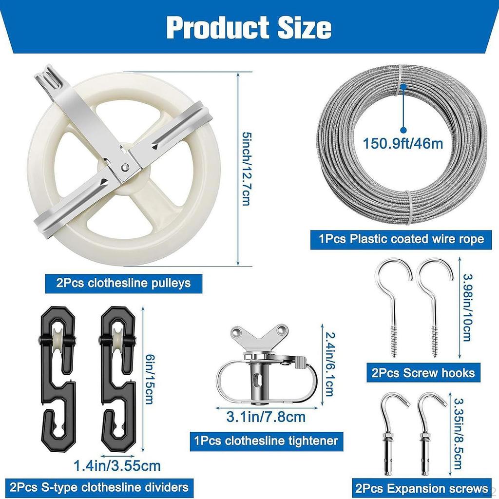 Clothes Line Outdoors Kit with 150ft Wire Rope Rustproof Easy Installation, Smooth S Type