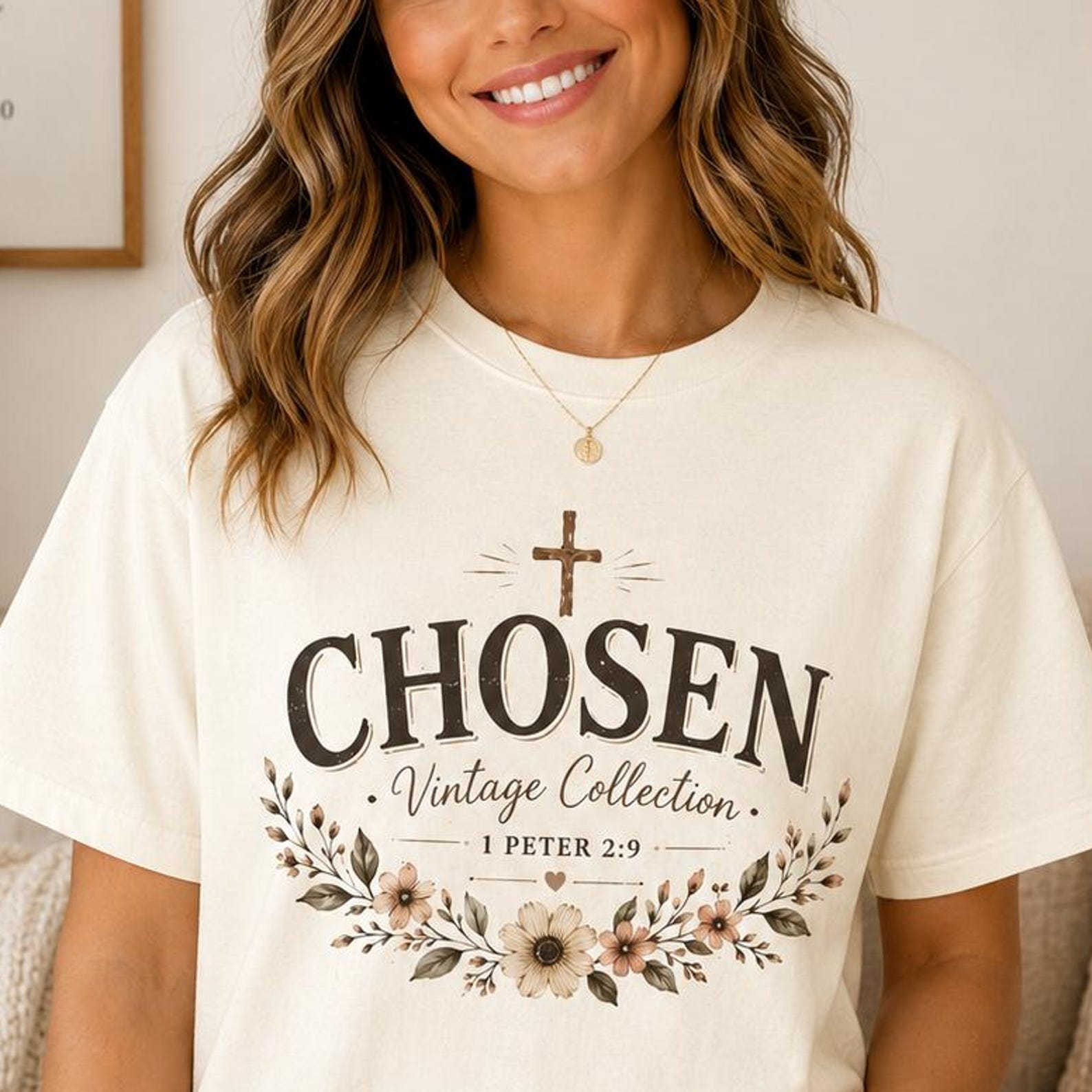 Chosen Vintage Floral Christian T-Shirt | 1 Peter 2:9 Scripture Shirt | Faith-Based Floral Tee | Religious Gift for Women | S