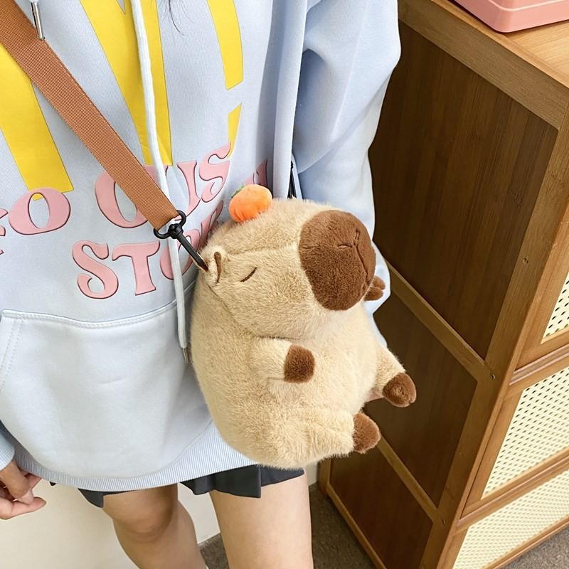 Cute Plush Capybara Backpack With Hat And Orange On The Head Design For Daily