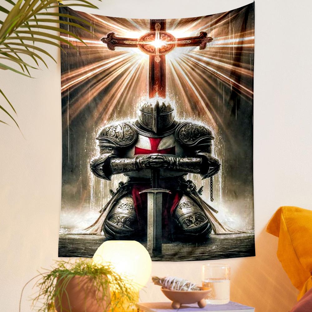Templar Knight Kneeling Cross Sword Light Medieval Decorative Wall Tapestry for Bohemian Home Wall