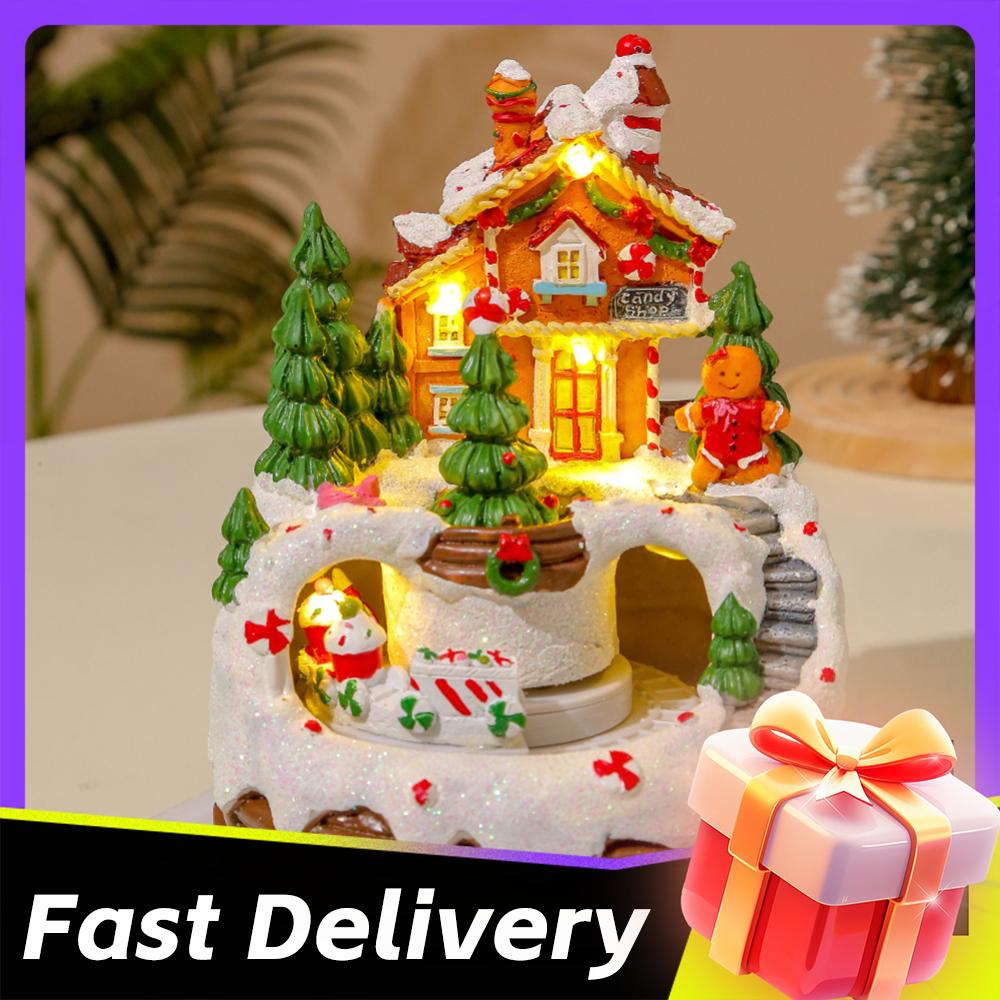 Christmas Music Box Snow House Ornaments with LED Light Resin Rotating Music Figurines Home Christmas Decorations Holiday Gift