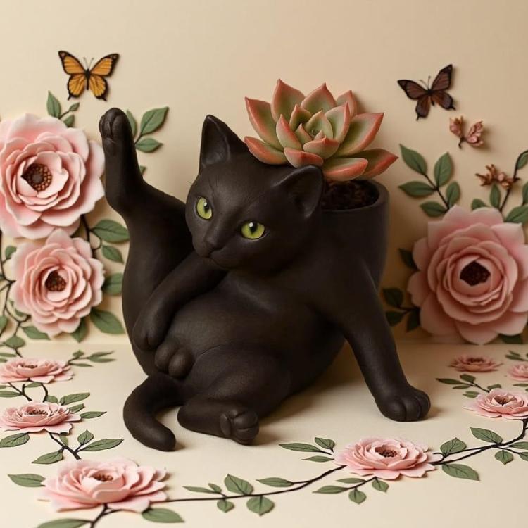 Cats Themed Resin Flower Pot with Drainage Holes Indoor Outdoor Decorative Planter For Small Plant Cactuses Herbs