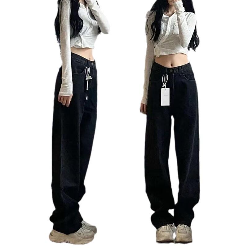 Plus Size High Waist Black Wide Leg Jeans for Women - Autumn/Winter Pear Shape Coverage, Slimming Loose Fit