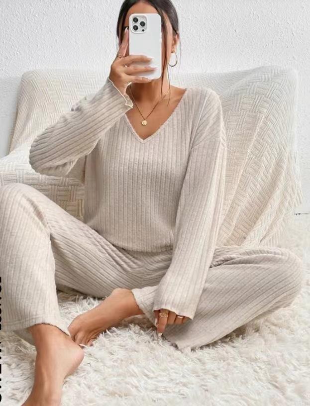 2025 Autumn/Winter Hot Selling Ribbed V-Neck Long Sleeve Brushed Casual Set for Women