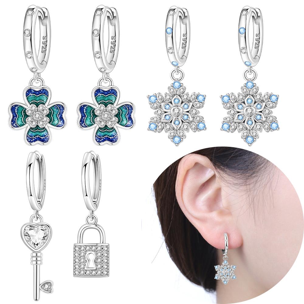 Authentic copper Fourleaf Shamrock Colored Earring Blue Zircon Snowflake Key Lock Earring Jewellery Fine Anniversary Gift Set