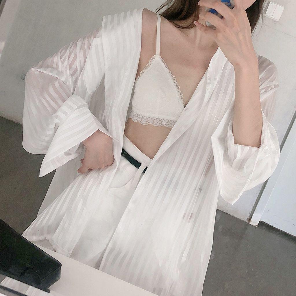 Women's White Striped Long Sleeve Silk Shirt - Loose, Versatile, Sun Protection Jacket for Summer