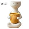 Cute Zen Home Decor Smiling Face Plant Pot, Double Planting Space Planter, Resin Desktop Flower Holder Sitting Figure Flowerpot for Succulents, Office