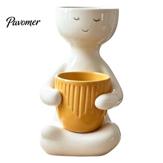 Cute Zen Home Decor Smiling Face Plant Pot, Double Planting Space Planter, Resin Desktop Flower Holder Sitting Figure Flowerpot for Succulents, Office