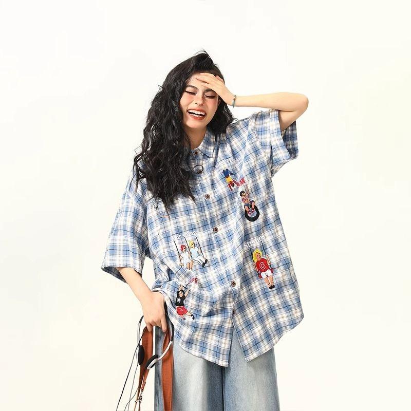 Female's American Style Fun Embroidered Shirts Retro Checkered Short Sleeved Casual Tops Summer Loose Cool Lapel Blouses