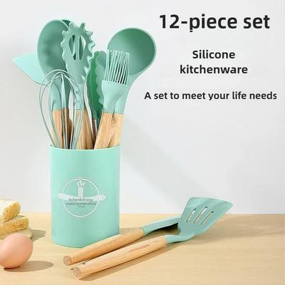 12PCS Silicone Kitchen Utensils Set Non Stick Cooking Tools Wooden Handle Spatula Turner Egg Whisk Baking BBQ Heat Resistant