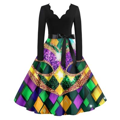 Women's Casual Fashion V Neck Long Sleeve Printed Vintage Long Dress