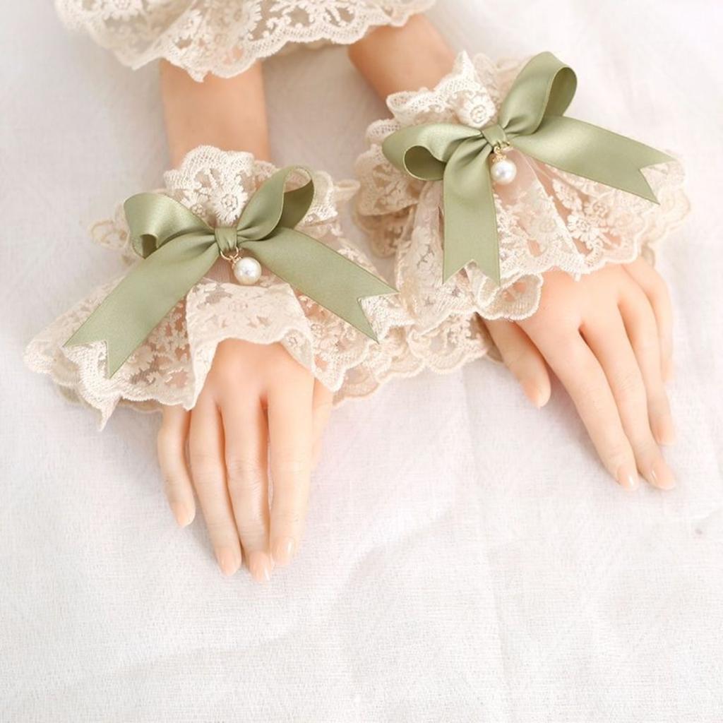 Olive Green Lolita Accessories Set - Satin Bow, Lace & Pearl Hairband, Wrist Cuffs, Hair Clips For Vintage Sweet Lolita Style