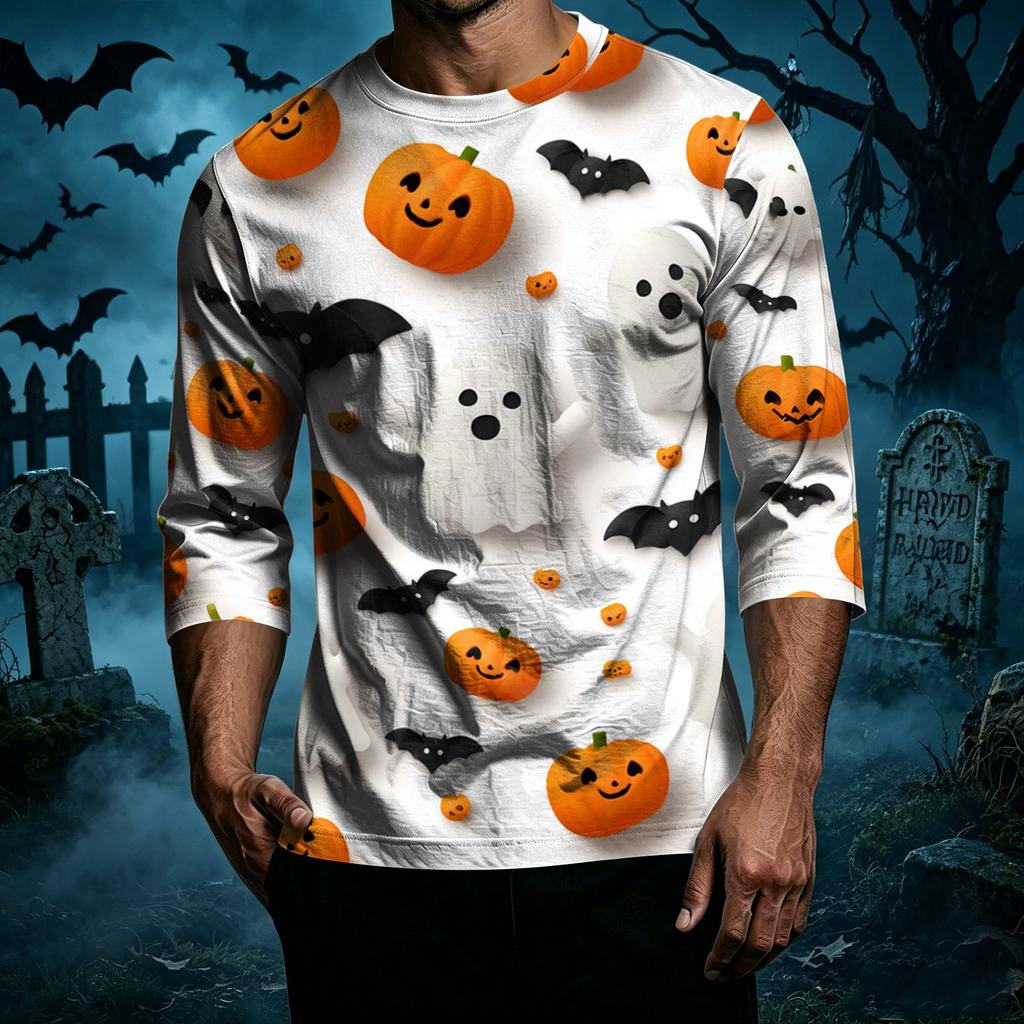 Men Casual Halloween Print Crew Neck T Shirt Three Quarter Sleeve Relaxed Fit Top Suitable for Everyday Wear and Seasonal Events