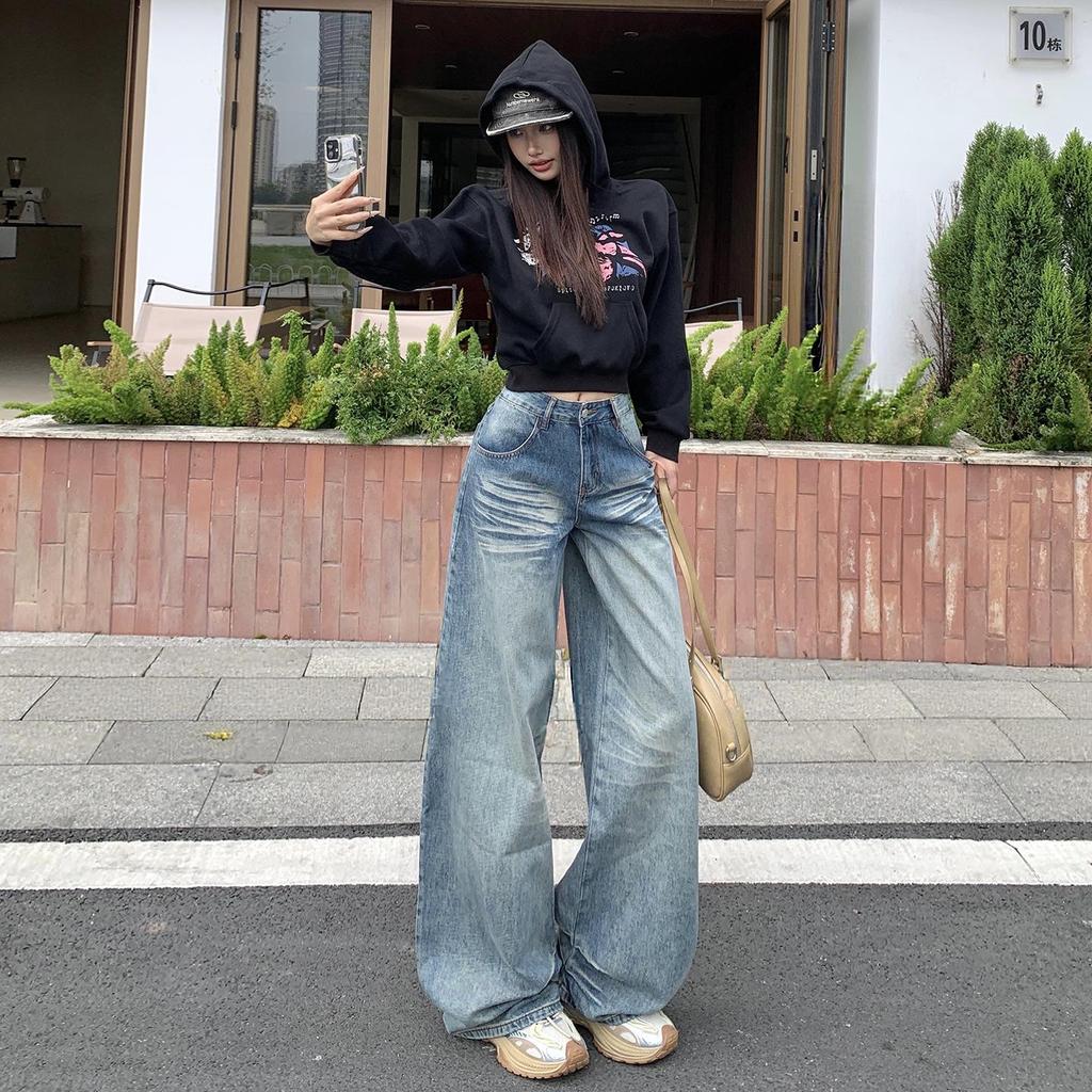 2025 Autumn Women's Loose Wide-Leg Stacked Hem Trendy Banana Jeans
