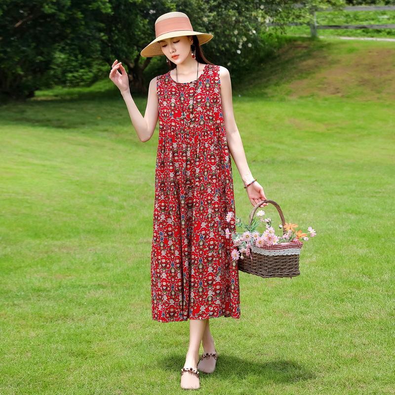 Summer  Women Plus Size Boho Dress Long Maxi Sundress Party Dress Elegant Vestidos Print O-neck High Waist Sleeveless
