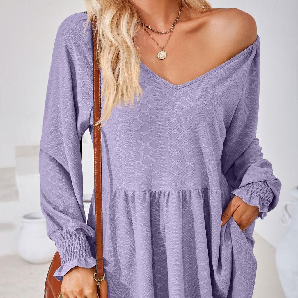 JKASHDK Damemote Uformelt vår Høst Ensfarget trykk Langermet bluser og skjorter med V-hals