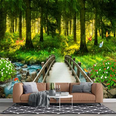 Waldtapete Holzbrücke Wandpapier für Wohnzimmer Schlafzimmer Wald Wandbild Heimdeko
