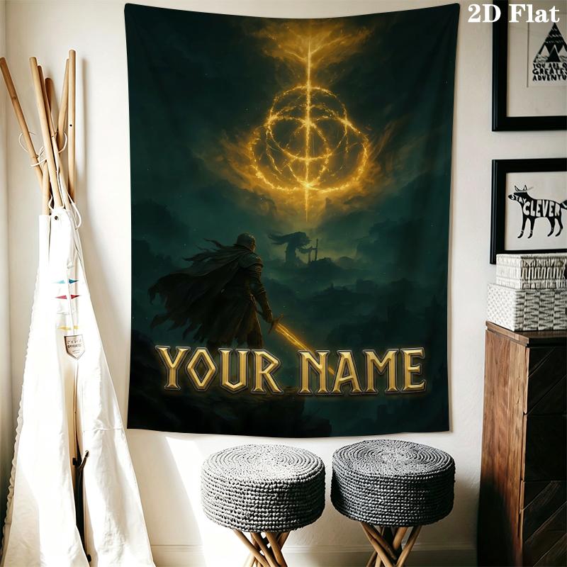 Custom Name Elden Ring Wall Tapestry Aesthetic Wall Hanging Printed Fabric Blanket Decorative Tapestries for Bedroom Living Room Home Decor