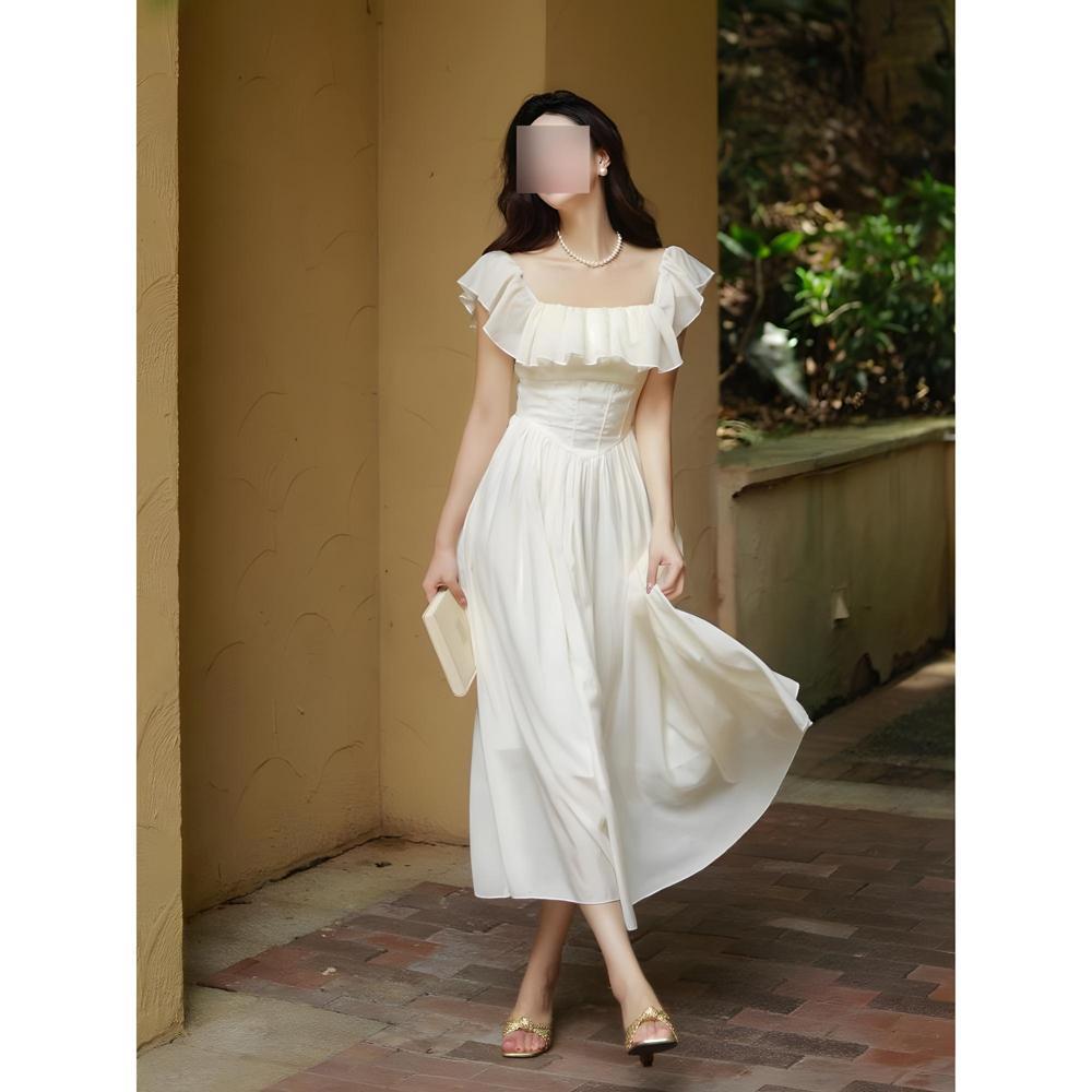 Retro dress beige one-word shoulder thin fairy skirt temperament super fairy summer