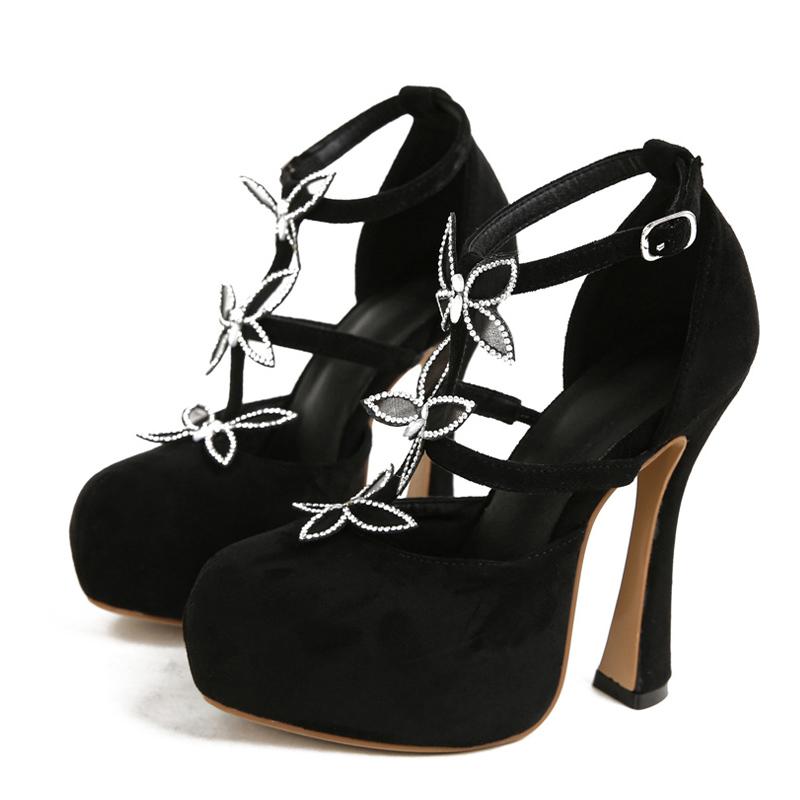 

Liyke Весна Осень Сексуальные Сандалии на Высоком Толстом Каблуке-Платформе Модные Хрустальные Стразы Ремешок-Бабочка Женские Платье Туфли Лодочки 35