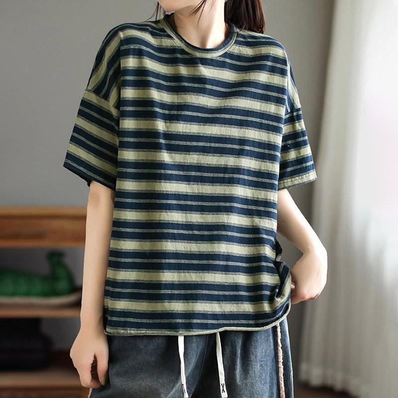 T-shirt for Women Summer Large Size Cotton T-shirt Soft Loose Printed Casual Striped Pullover T-shirt Top